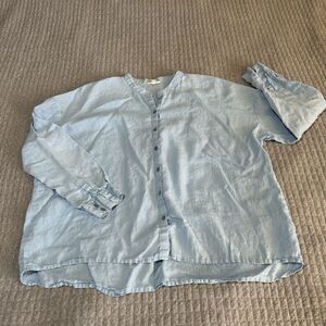 Eileen Fisher 100% Organic Linen Button-Up Blouse Light Blue Women